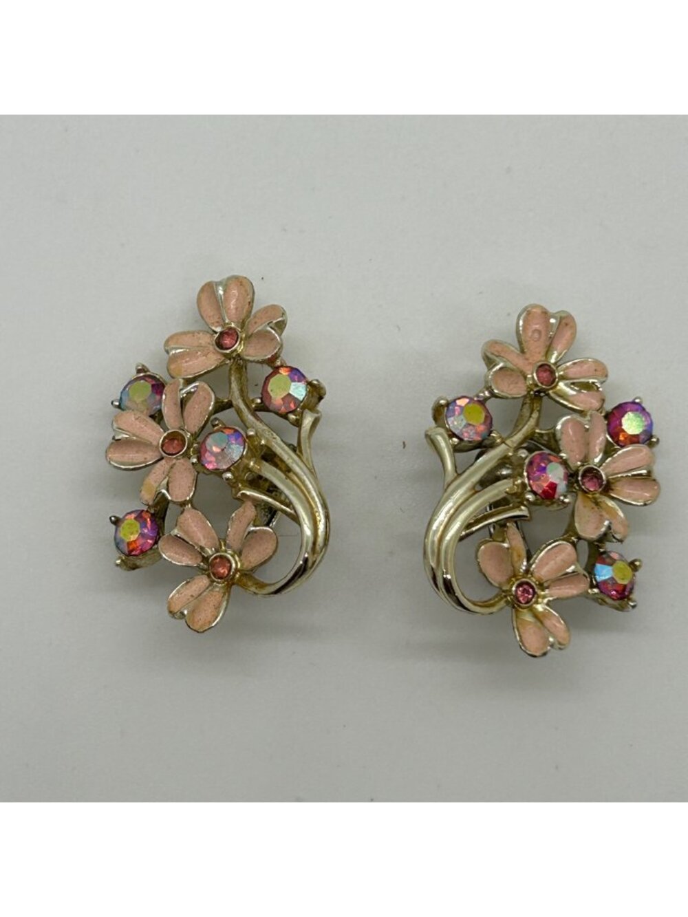 Vintage Coro Pink Enamel Flower Clip-On Earring Aurora Borealis Rhinestone 1950s